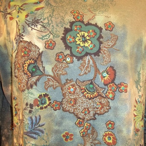 Sonoma Life + Style Womens Top Blouse Size Large Floral Sequins Casual Blue Tan - Picture 3 of 6